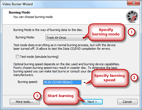 Choose Burning Mode/Speed & Burn