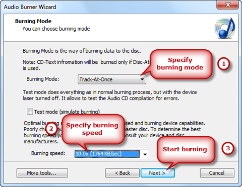 Choose Burning Mode/Speed & Burn